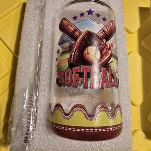Unk Softball Themed Glass Tumbler with Straw